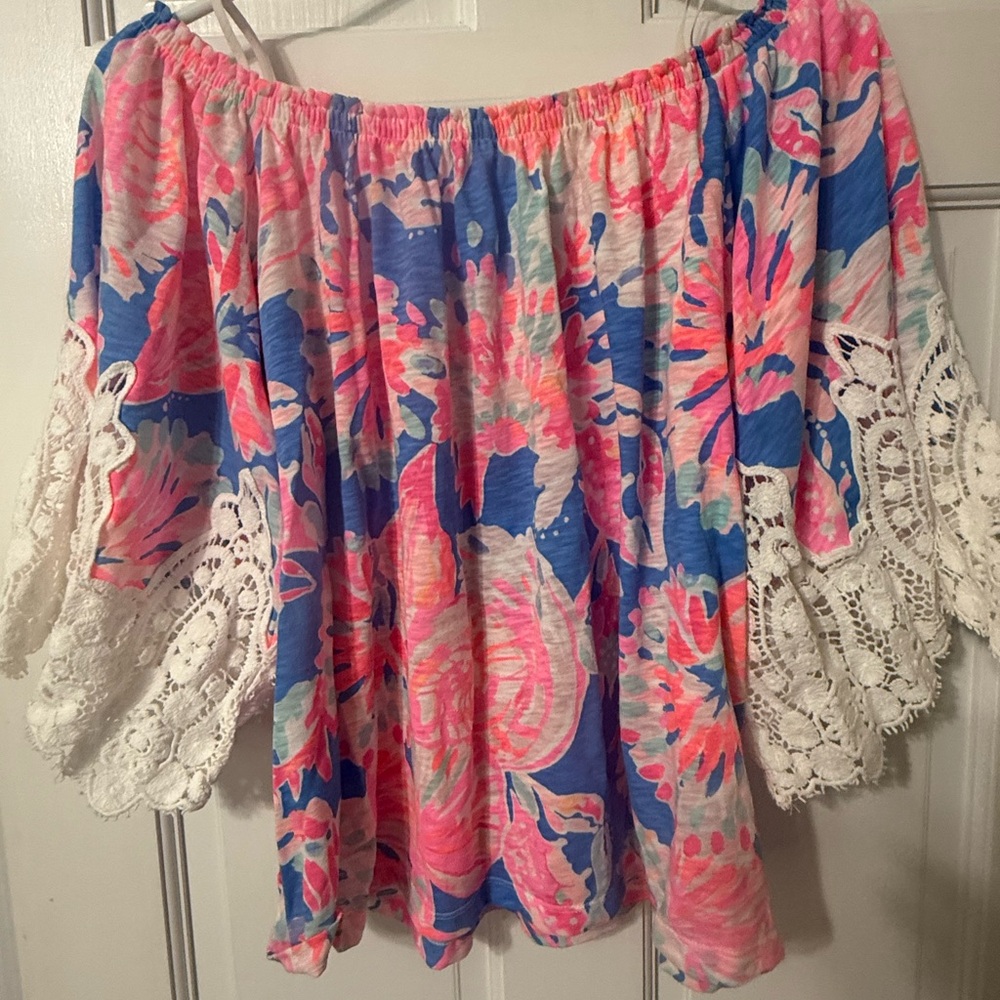 Lilly Pulitzer Pink and Blue Floral Off-Shoulder Blouse
